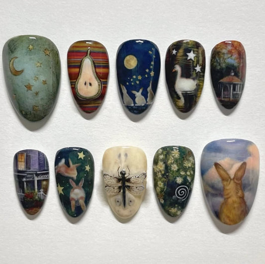 Whimsical Garden Themed Medium Almond Shaped Colorful Press on Nail Set with Intricate Nature Inspired Artwork