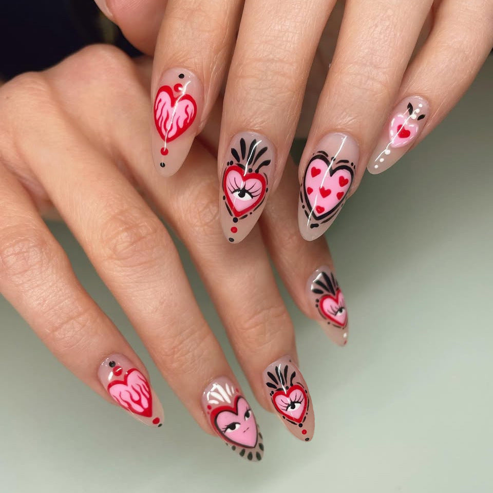 Romantic Elegance Long Almond Pink with Heart Motif Press On Nail Set