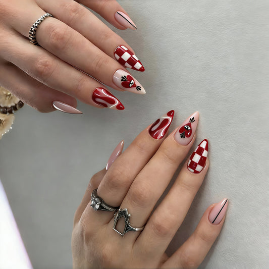 Whimsical Romance Long Almond red and Beige press on nail set with playful designs