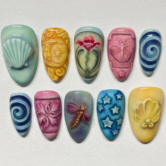 Whimsical Fantasy Long Almond Turquoise Multicolor Floral and Nature Inspired Press on Nail Set