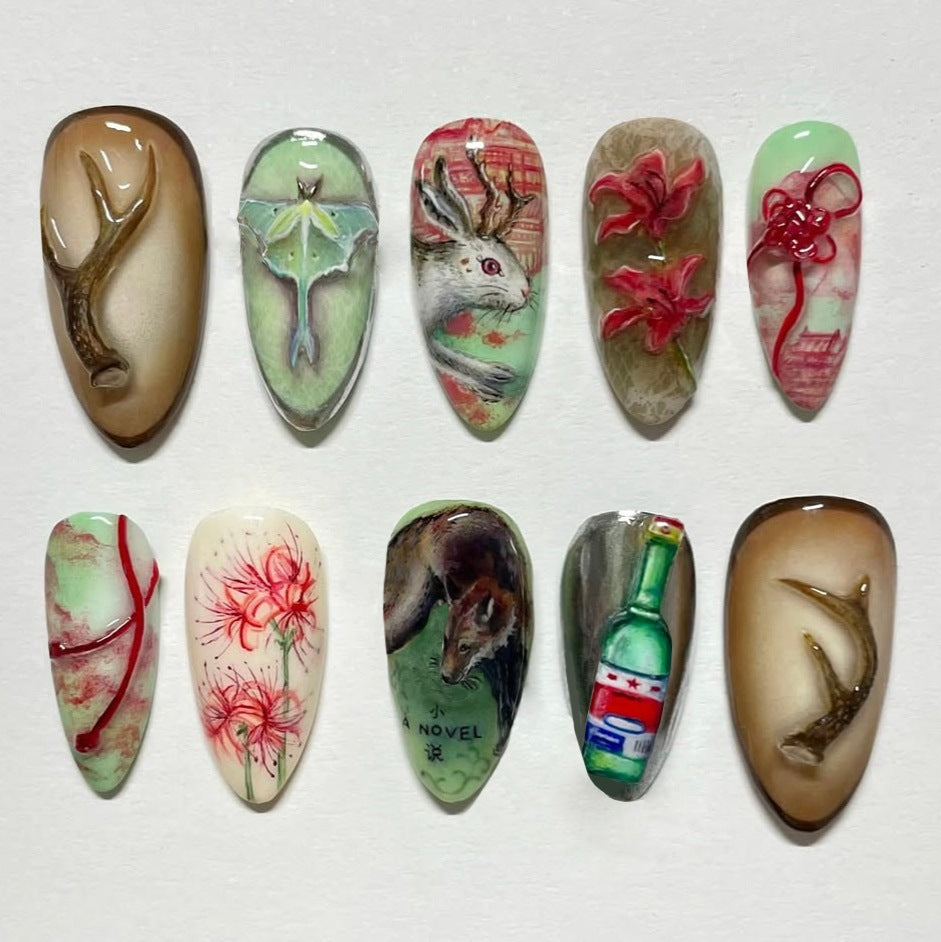 Whimsical Nature Inspired Long Almond Green and Brown Press on Nail Set with Intricate Artistic Designs