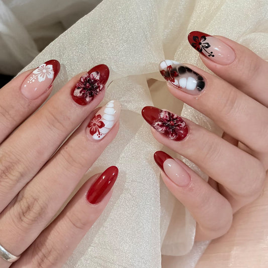 Floral Fantasy Medium Almond Red and White Press On Nail Set with Stunning Hand-Painted Designs