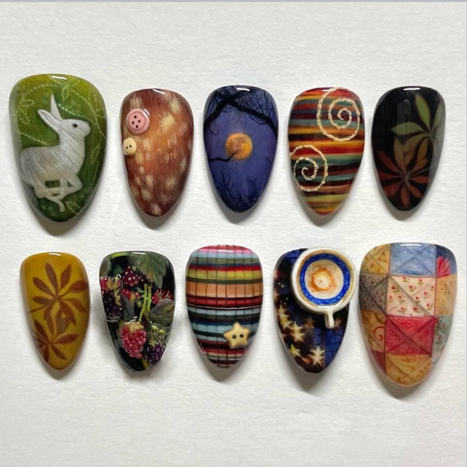 Whimsical Garden Art Inspired Medium Almond Multicolored Nail Set Featuring Intricate Seasonal Designs
