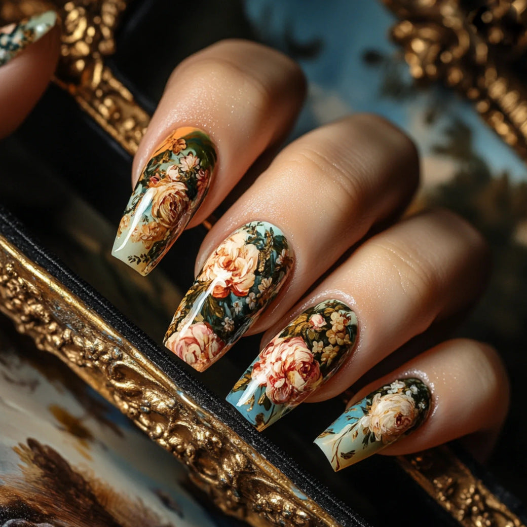 Floral Fantasy Long Square Multicolored Press On Nail Set with Elegant Botanical Design