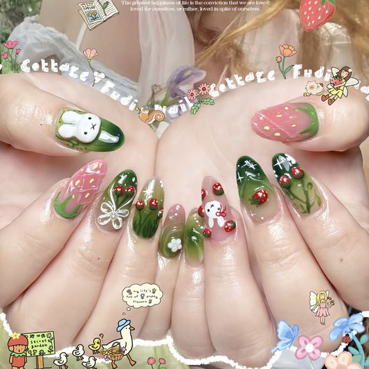 Cottagecore Inspired Long Oval Shaped Green and Pink Floral Press on Nail Set with Whimsical Character Details