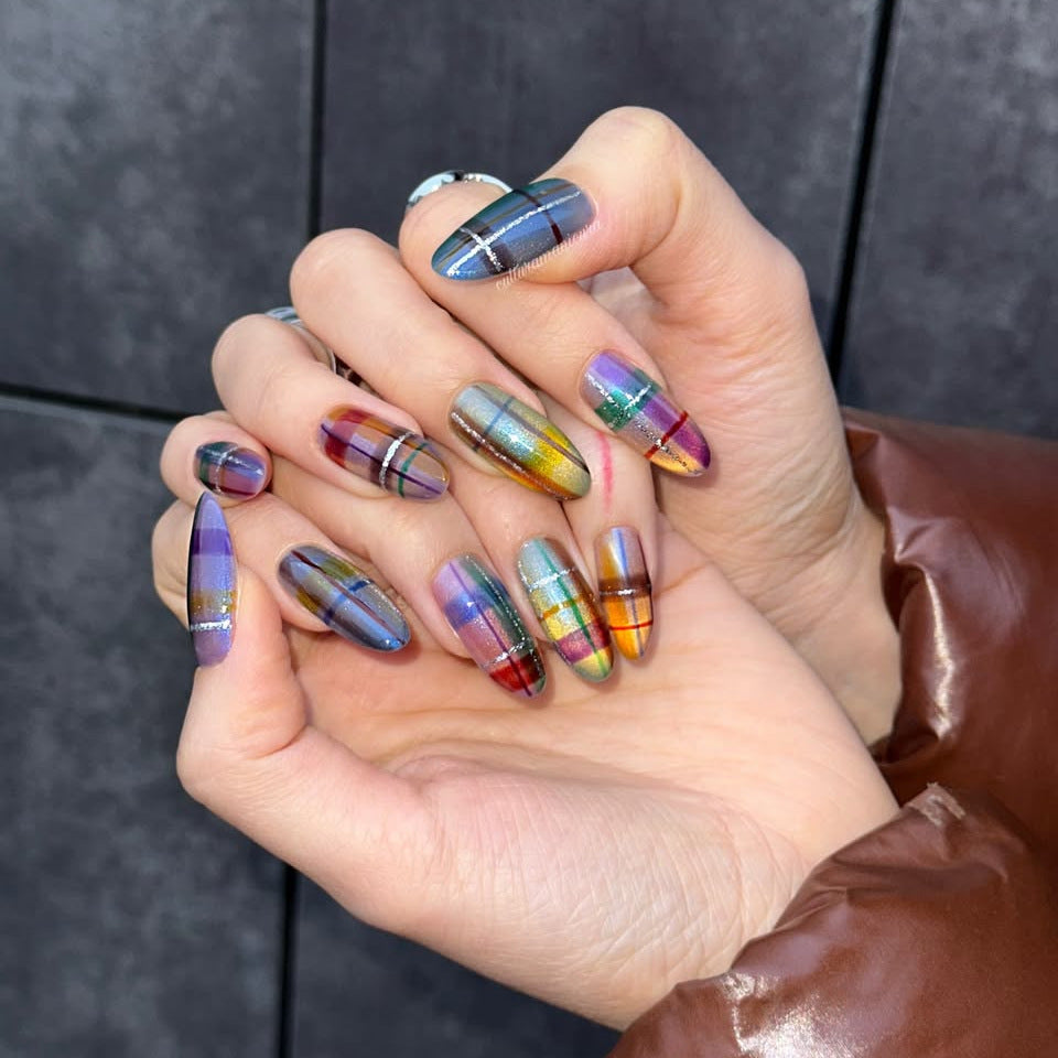 Glamorous Rainbow Flare Long Oval Multicolored with Iridescent Brilliance Press On Nail Set