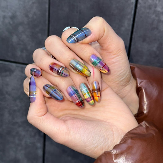 Glamorous Rainbow Flare Long Oval Multicolored with Iridescent Brilliance Press On Nail Set