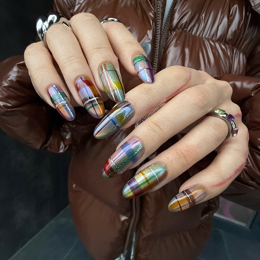 Artistic Vibe Long Oval Multicolored Glossy Finish with Unique Plaid Design Press On Nail Set