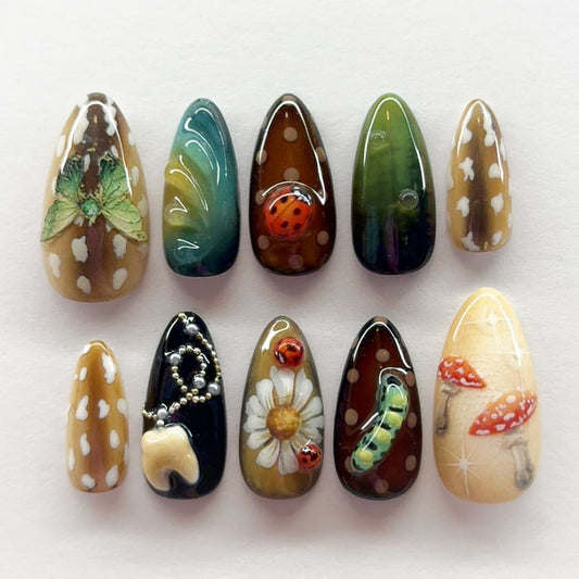 Enchanted Garden Dreamy Long Almond Press On Nail Set Colorful Earthy Hues with Nature Inspired Designs