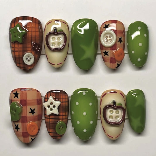 Delightful Orchard Inspired Press On Nail Set in Medium Almond Shape Vibrant Green with Playful Button Accents