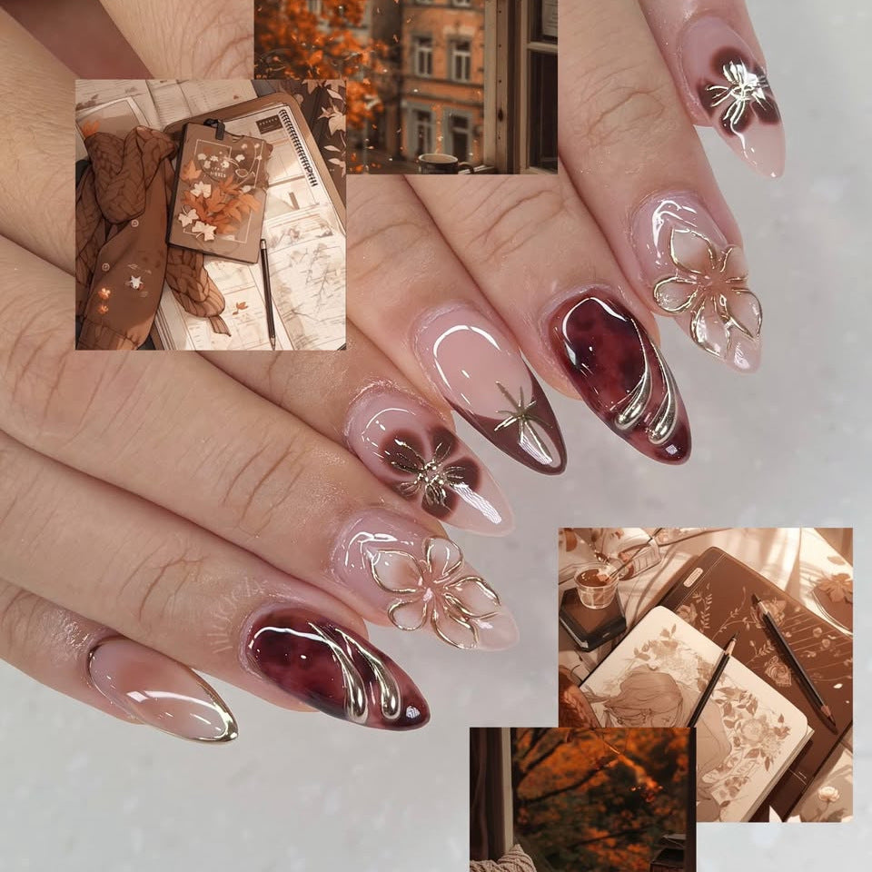 Autumn Whispers Long Almond Burgundy and Beige Press On Nail Set with Gold Floral Accents