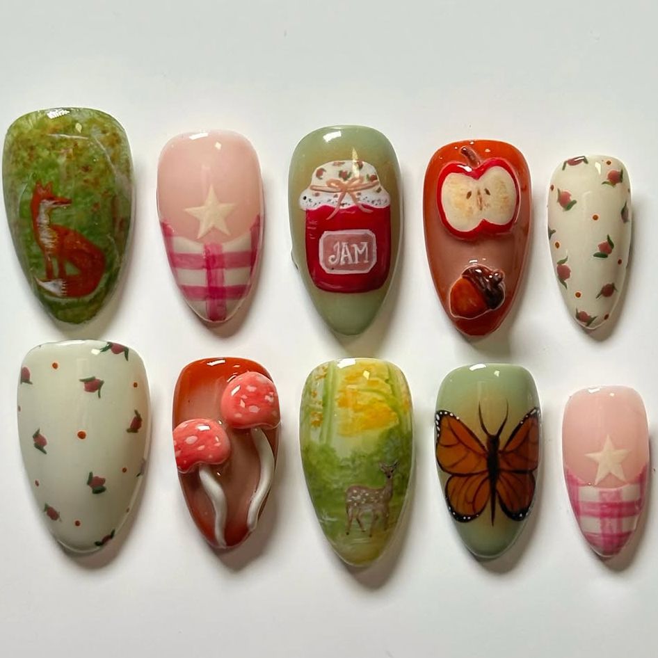 Whimsical Autumn Inspired Long Almond Green and Orange Nail Set with Unique Art Illustrations