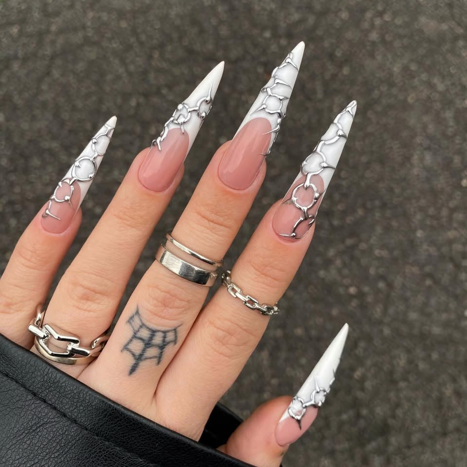 Glamorous Medium Almond White with Chain Detail Press on Nail Set