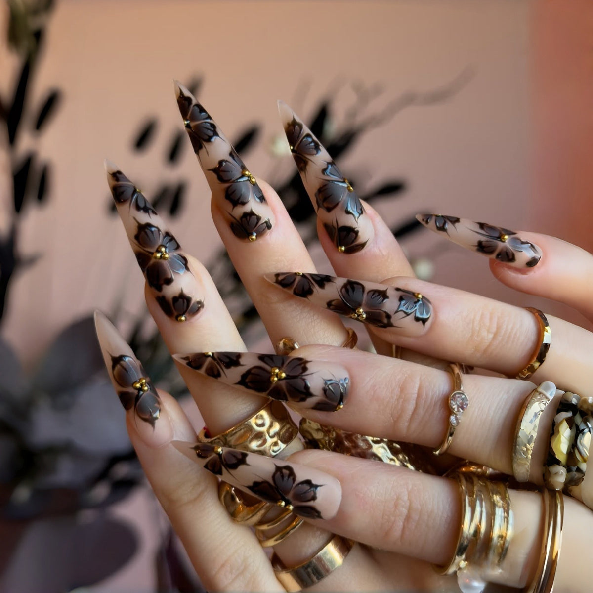 Elegant Floral Fantasy Long Almond Black and Gold Press On Nail Set
