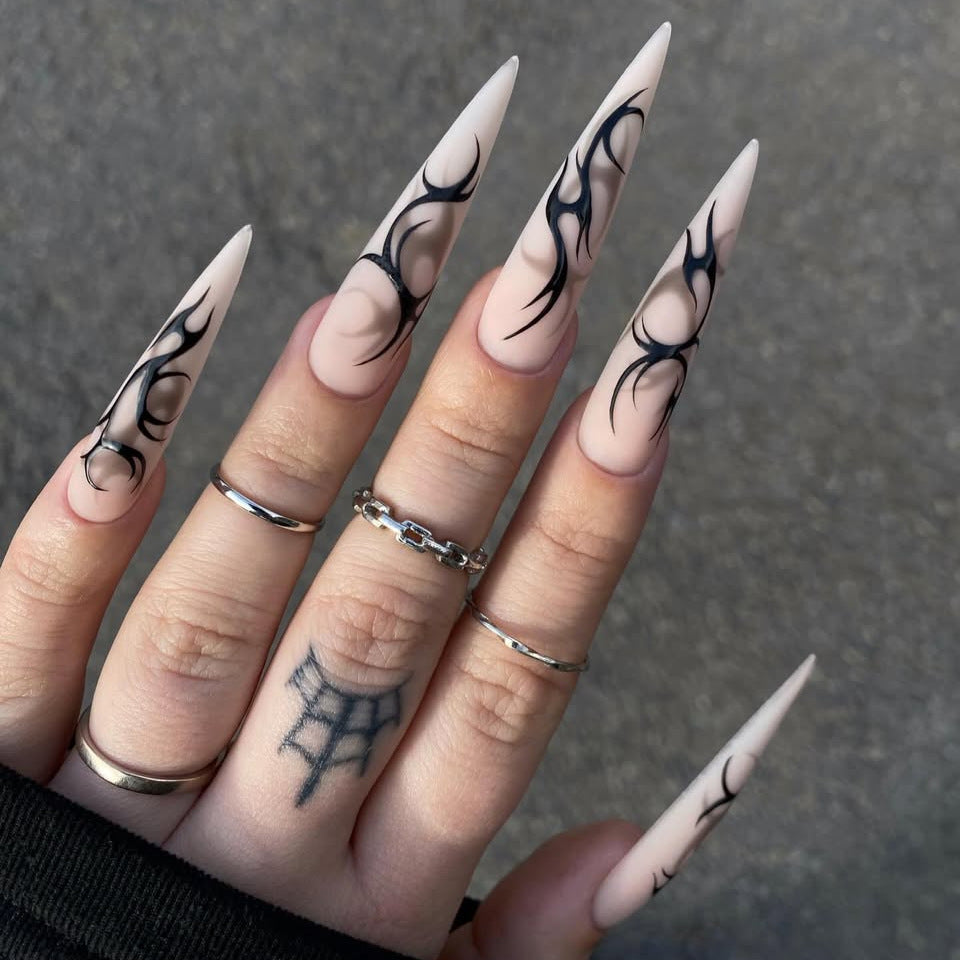 Spooky Elegance Long Almond Beige Nails with Unique Flame Design