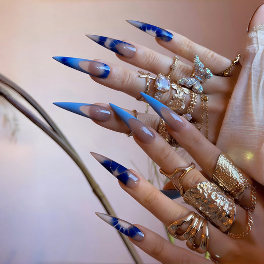 Ocean Breeze Long Stiletto Blue Ombre Nail Set with Trendy Design