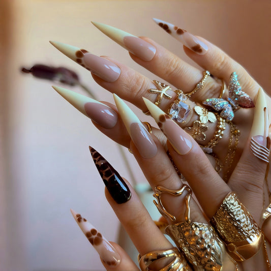 Elegant Enigma Long Stiletto Beige and Brown Leopard Print Press-On Nail Set