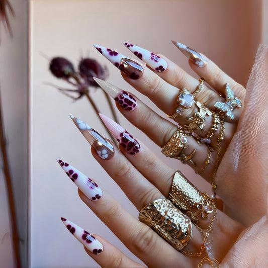 Gothic Floral Long Stiletto Purple and Pink Gradient Nail Set with Unique Geometric Accents