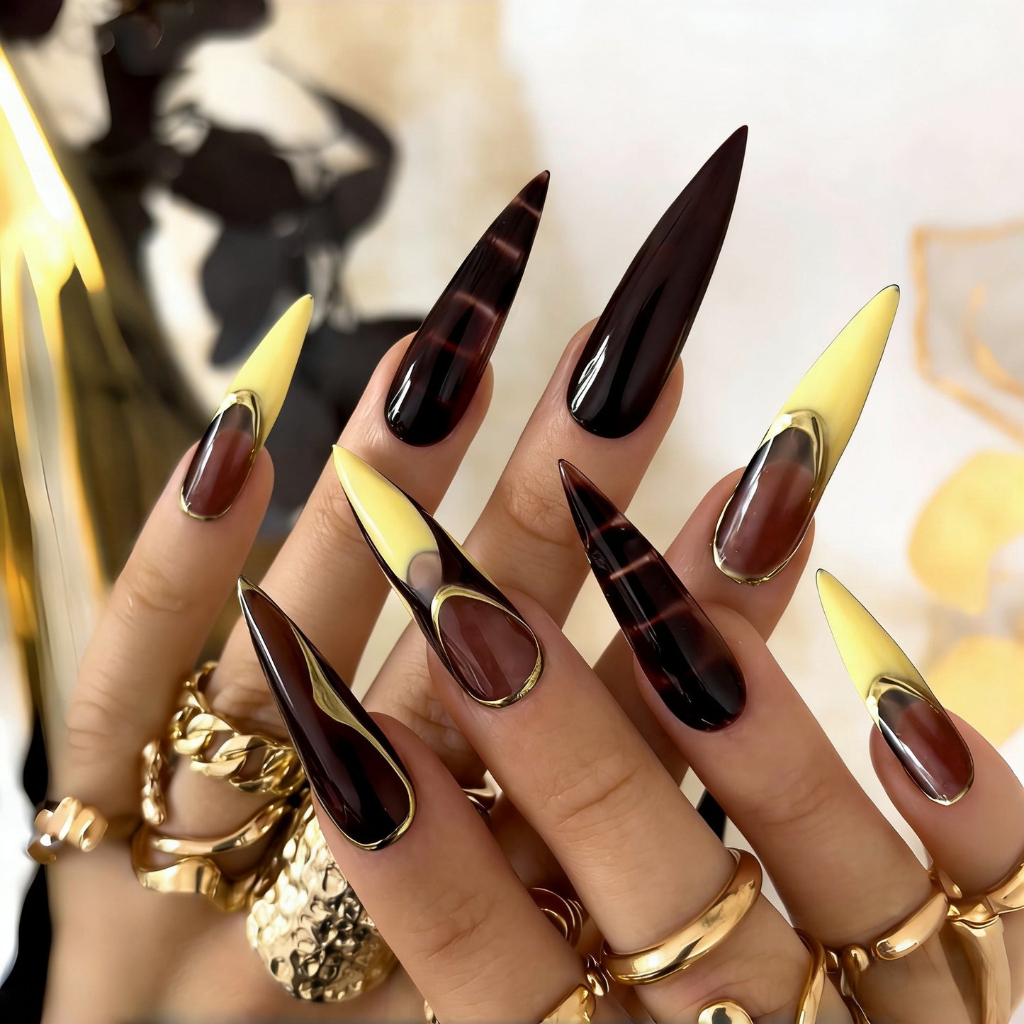 Mystical Elegance Long Stiletto Golden Accent Black and Yellow Press On Nail Set