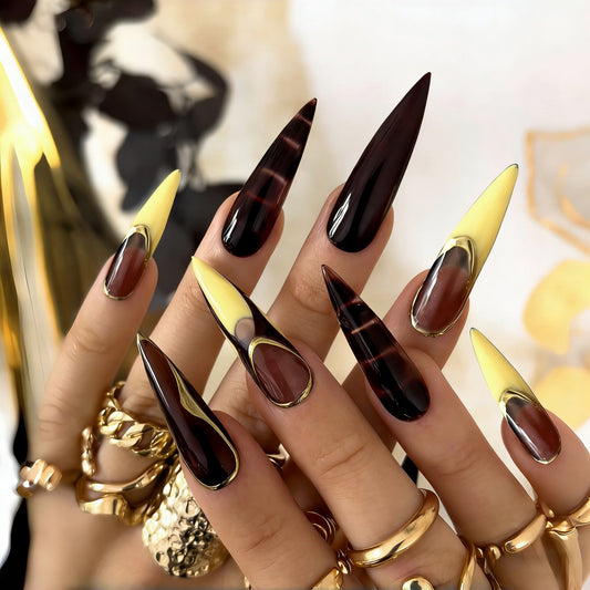 Mystical Elegance Long Stiletto Golden Accent Black and Yellow Press On Nail Set