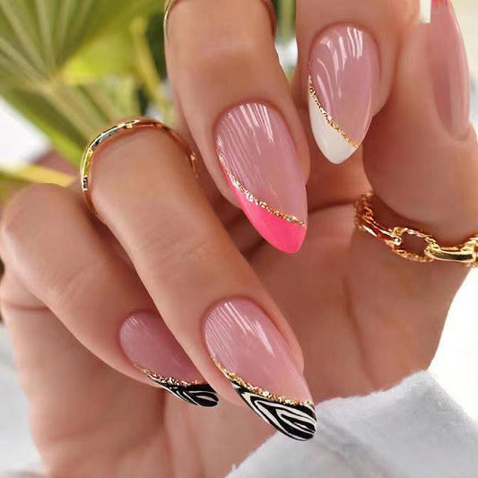 Elegant Soiree Medium Almond Pastel Pink and White Press On Nails with Gold Accents and Geometric Patterns