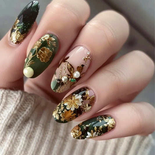 Elegant Enchantment Medium Oval Green with Gold Floral Accents Press On Nail Set