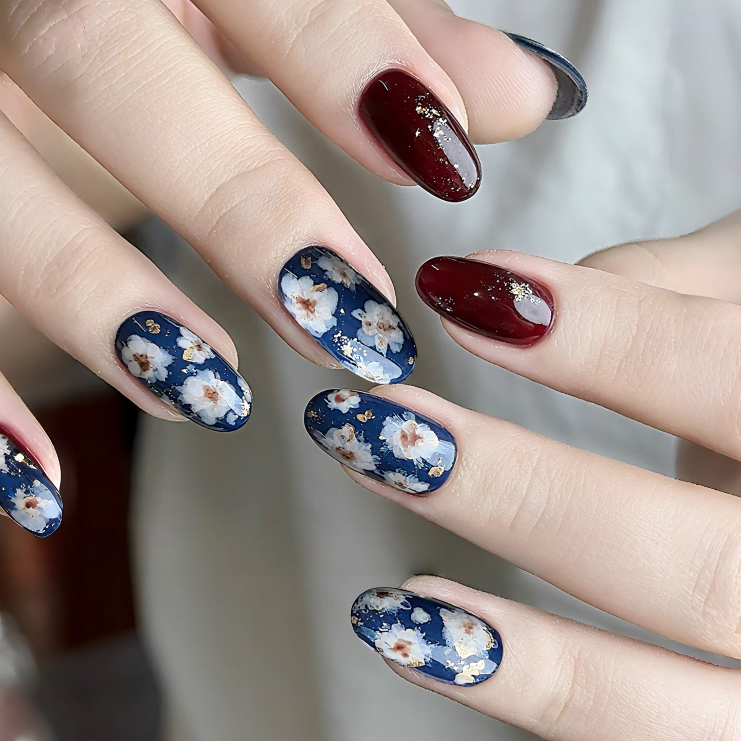 Vintage Floral Short Oval Deep Burgundy with Gold Accents Press On Nail Set