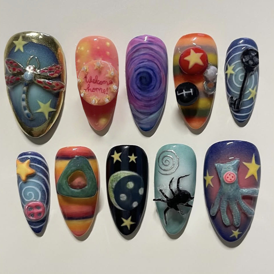 Dreamy Cosmic Short Almond Multicolor Press on Nail Set with Unique Artistic Designs