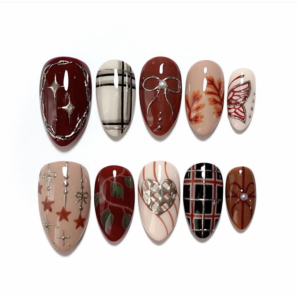 Autumn Elegance Medium Almond Burgundy Nail Set with Intricate Designs and Glamorous Accents