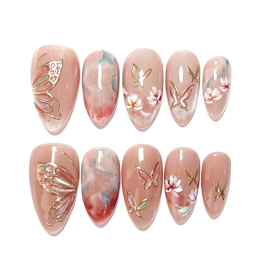 Whimsical Floral Medium Almond Pink Press On Nail Set with Elegant Butterfly Design