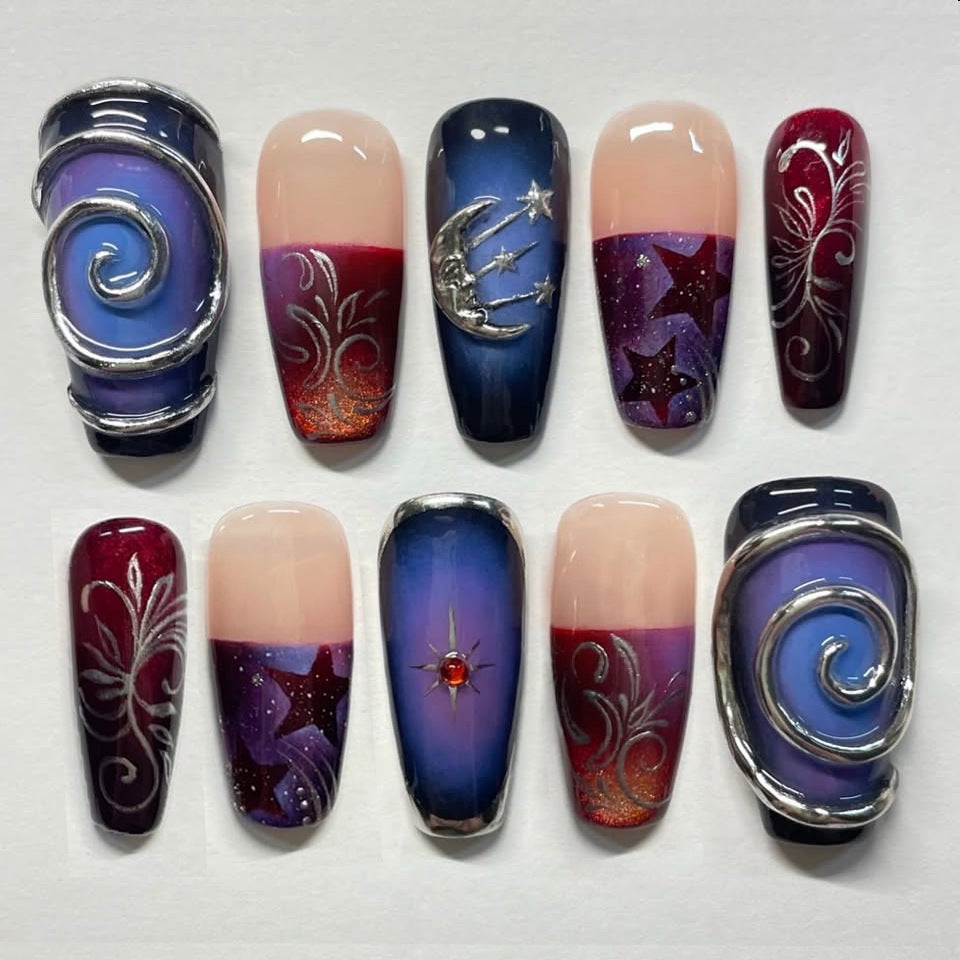 Dreamy Cosmic Long Coffin Purple Ombre with Celestial Accents Nail Set