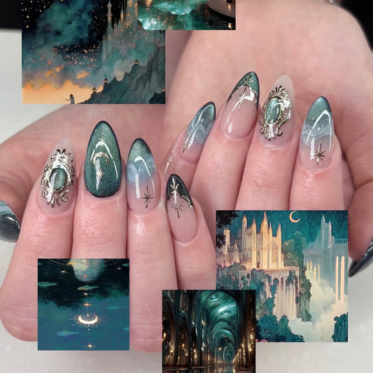 Enchanted Forest Medium Almond Green with Glittering Mystical Accents Press-on Nail Set