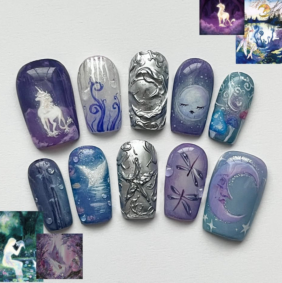 Enchanted Dreamscape Medium Square Purple Watercolor Nail Set with Magical Illustrations