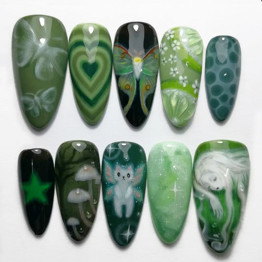 Enchanted Forest Medium Almond Green Nail Set with Whimsical Artistry
