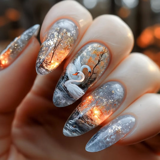Elegant Swan Dream Medium Almond Glittering Grey Press-On Nail Set with Artistic Detailing