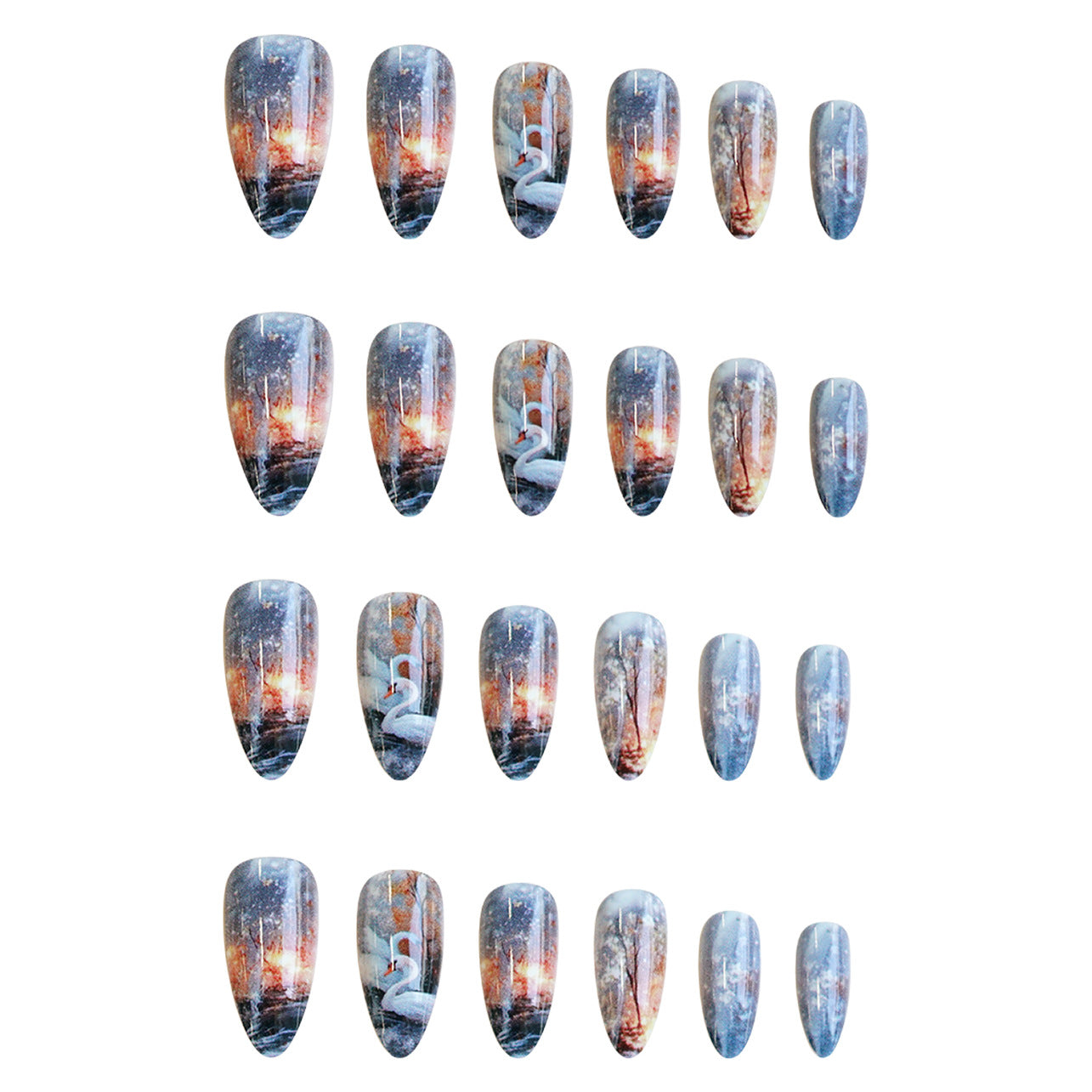 Enchanted Forest Medium Almond Shaped Multi-Colored Nail Set with Scenic Design