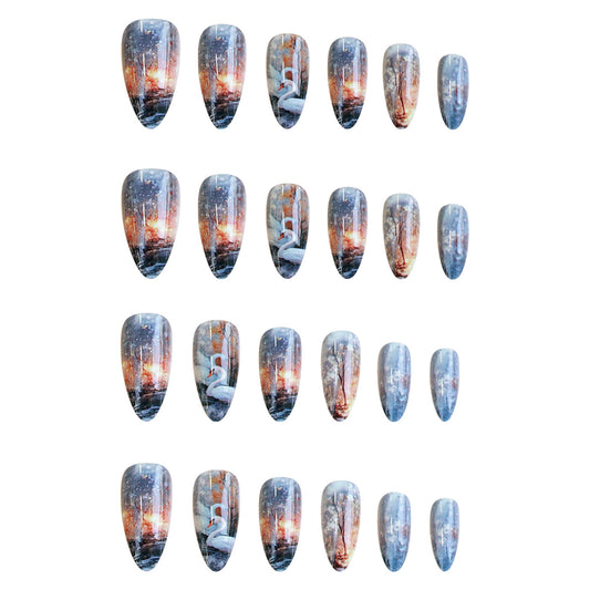 Enchanted Forest Medium Almond Shaped Multi-Colored Nail Set with Scenic Design