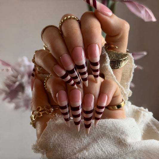 Elegant Stripes Long Stiletto Blush Pink with Bold Contrast