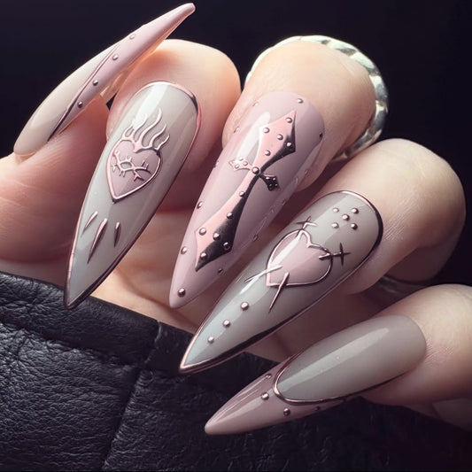 Gothic Elegance Long Stiletto Multicolor with Intricate Embellishments Press on Nail Set