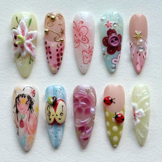 Enchanting Floral Fantasy Long Stiletto Pastel with Decorative Artwork Nail Set