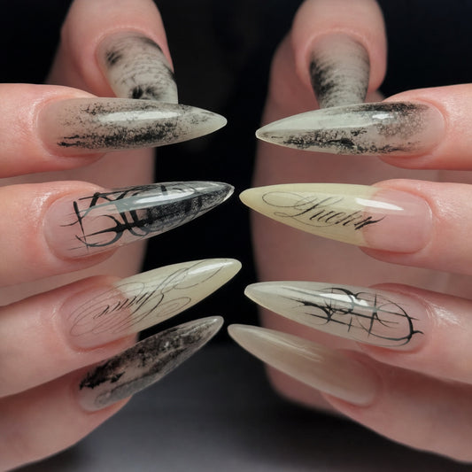 Mystical Elegance Long Stiletto Clear with Artistic Ink Patterns Press On Nail Set