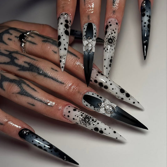 Gothic Elegance Long Stiletto Black and White Polka Dot Design Press on Nail Set