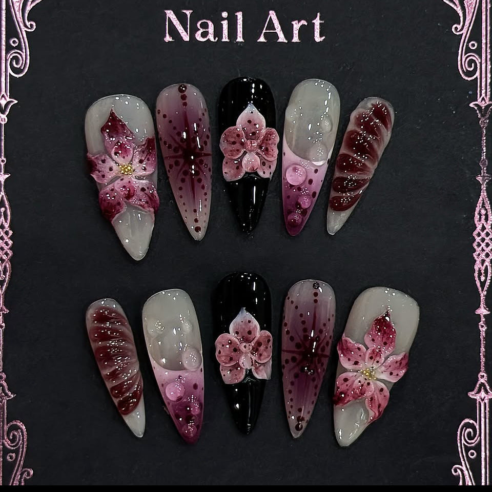 Floral Elegance Long Stiletto Deep Purple with Intricate Flower Design Nail Set