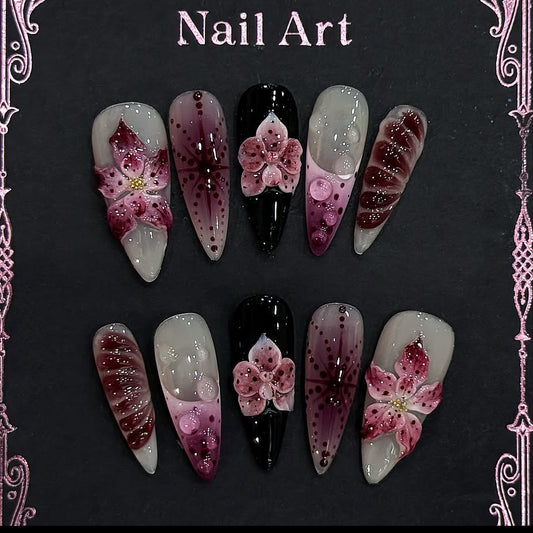Floral Elegance Long Stiletto Deep Purple with Intricate Flower Design Nail Set