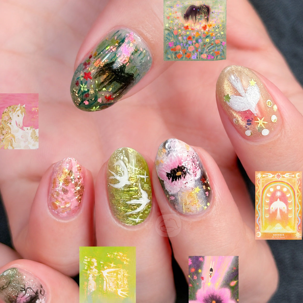 Whimsical Garden Medium Oval Sparkling Glitter Press On Nail Set