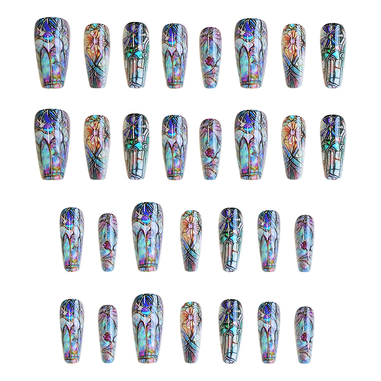 Stained Glass Elegance Long Coffin Multicolored Iridescent Design Press On Nail Set