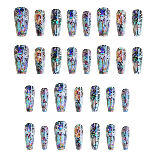 Stained Glass Elegance Long Coffin Multicolored Iridescent Design Press On Nail Set