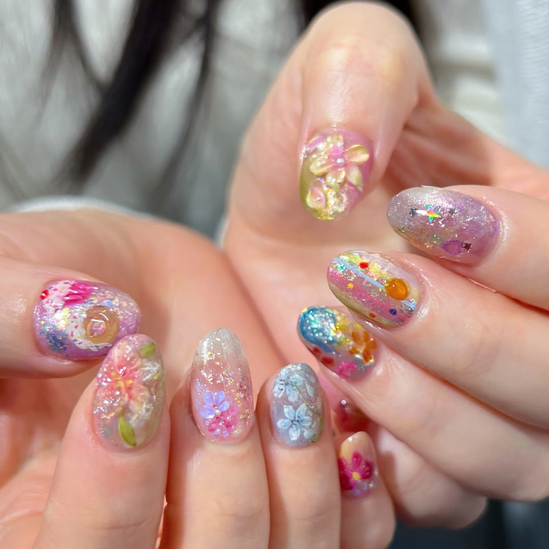 Whimsical Garden Short Round Pink Floral Press On Nail Set with Glittering Accents