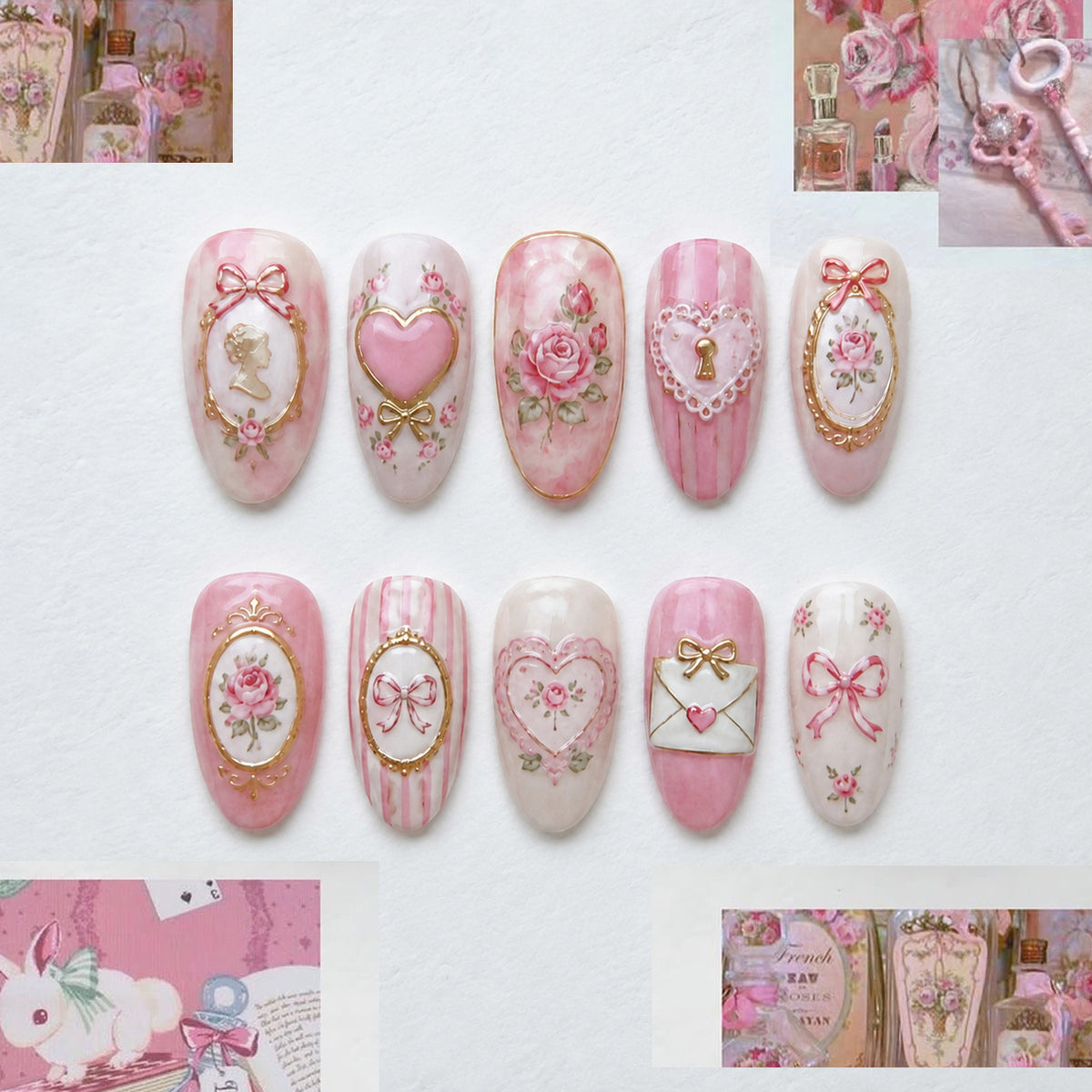 Darling Pastel Medium Almond Press On Nail Set with Vintage Floral Accents