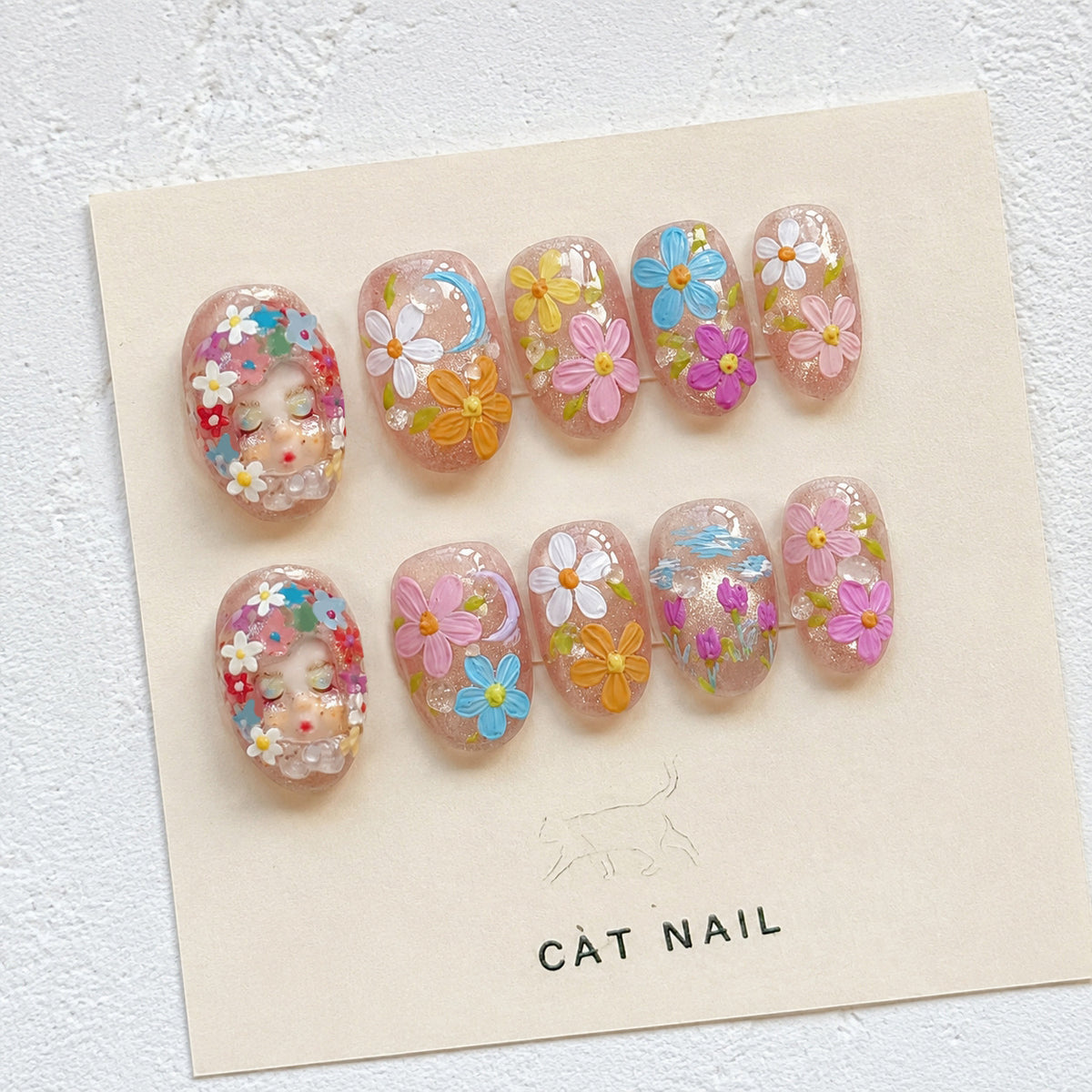 Floral Dreamscape Short Oval Pink with Artistic Flower Embellishments Press On Nail Set
